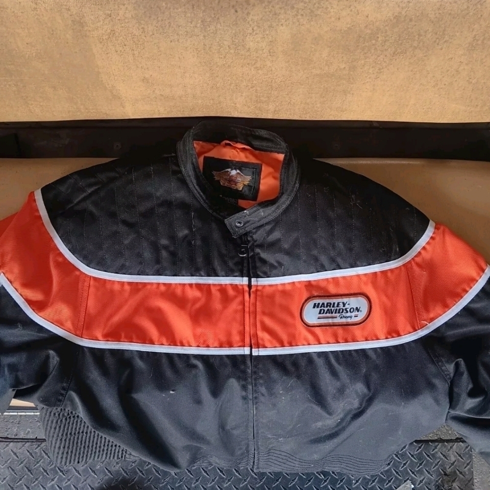 Harley Davidson Womens Moto Jacket Logo Black Orange Crop Zip Front Pockets